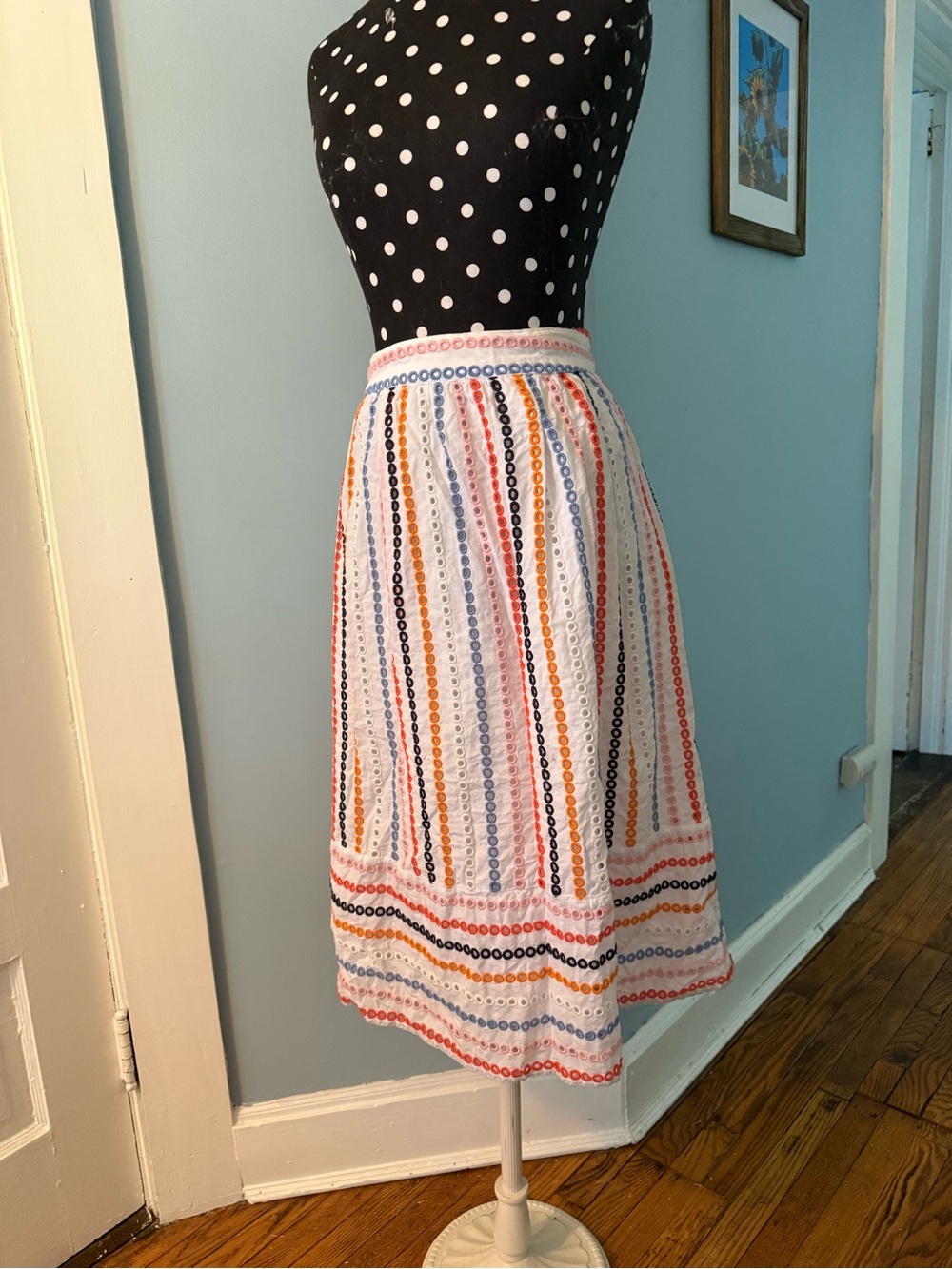 Esprit White Eyelet Midi Skirt with Multicolor Vertical Stripes
